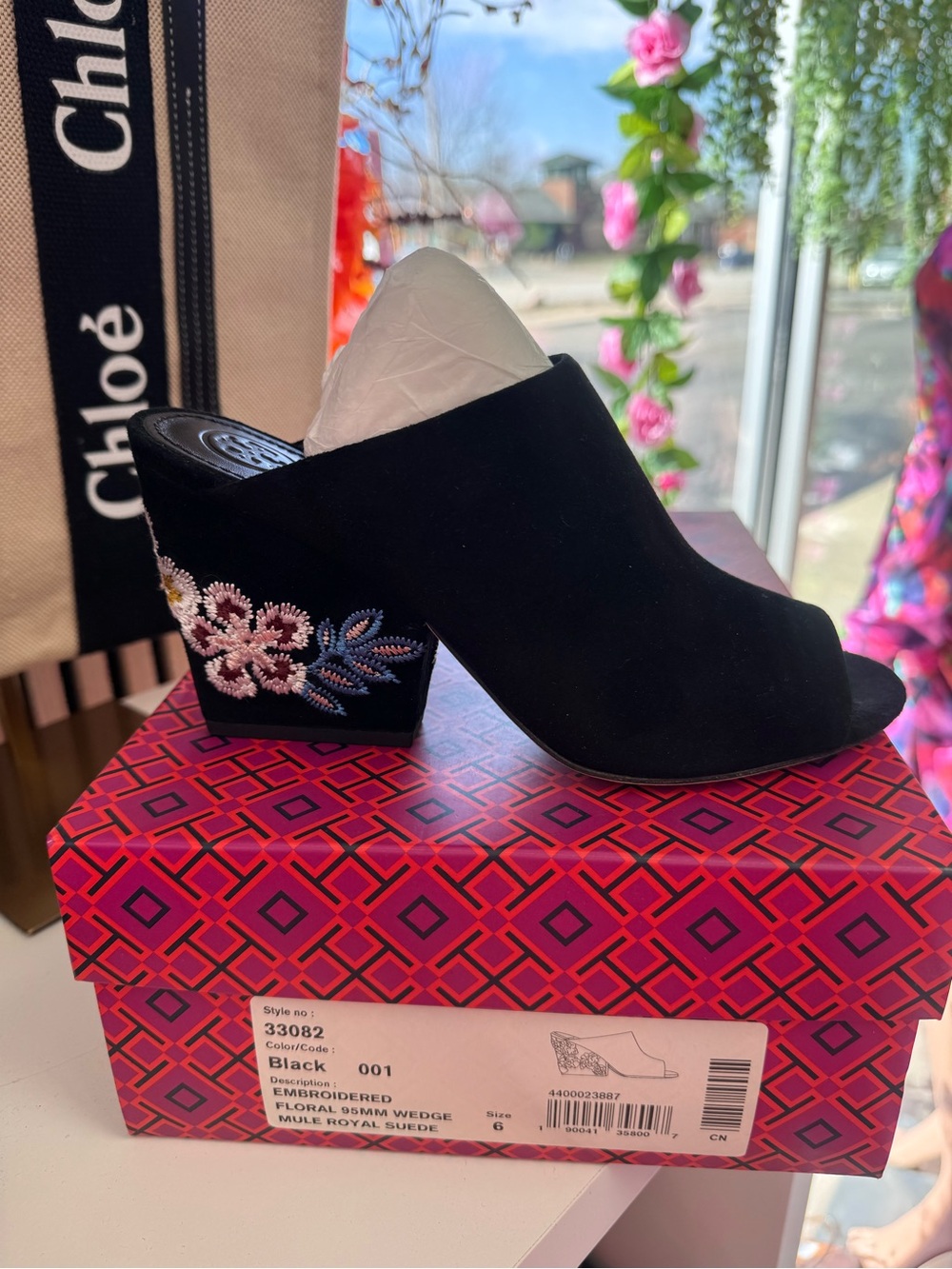 Tory Burch Black Suede Embroidered Wedge Mule